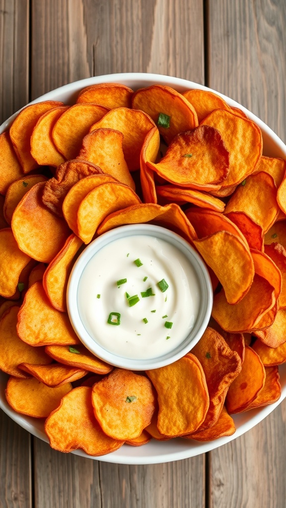 Crispy keto zero carb chips served with a creamy dip on a rustic wooden table.